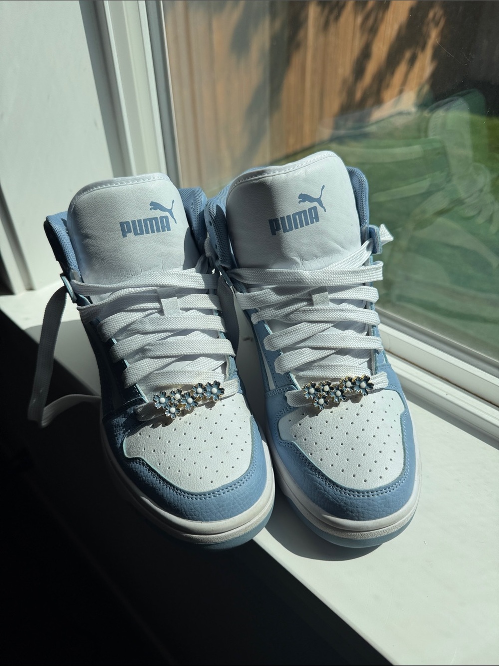 Puma Womens Light Blue and White High-Top Sneakers